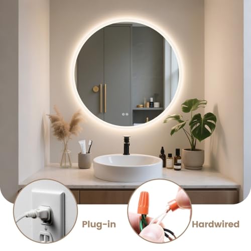 Image of Modern Round LED Wall Mirror || Trio Color Lighting, Antifog Heating, Stepless Dimmer & Memory Recall for Vanity& Bathroom. (24x24inches)