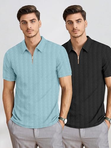 Image of COMBRAIDED Men's Polo Neck Textured Polycotton Short Sleeve T-Shirt - Casual Regular Fit for Daily Comfort & Style
