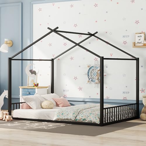 Generisch Cama infantil resistente con diseño de casa encantadora, cama de metal de 140 x 200 cm para un sueño seguro, diseño moderno y fácil limpieza – complemento perfecto para los mundos de ensueño