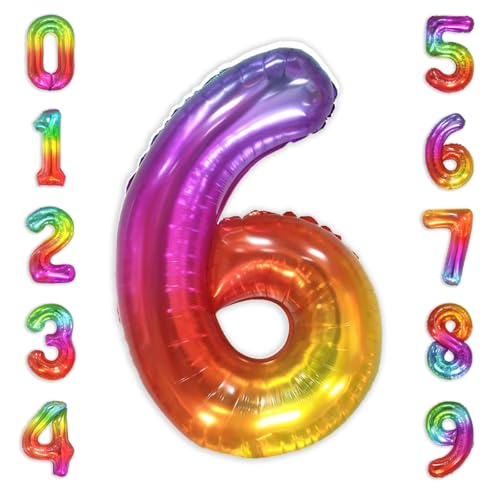Image of SUWEN Rainbow Number 6 Balloon 40 Inch,Big Colorful Balloons 0-9 | Large Gradient Jelly 6th Helium Foil Mylar Number Multicolor Balloons for Birthday Anniversary Party Decorations