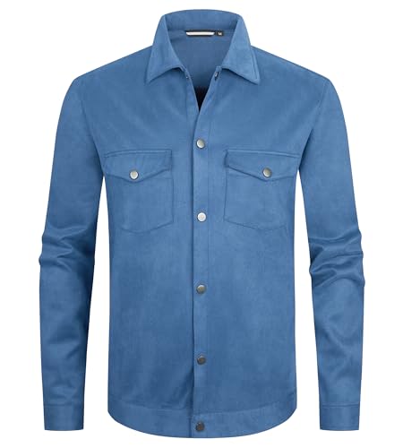 Alex Vando Mens Suede Shirt Jackets Long Sleeve Two Pockets Snap Casual Button Down Shirts