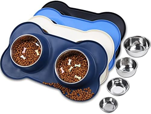 VIVAGLORY Puppy Dog Bowl Stainless Steel Water and Food Bowls with Non-Spill Skid Resistant Silicone Mat, 200ml Each, Grey