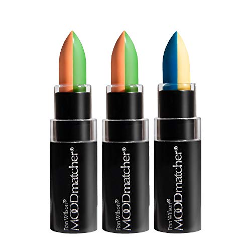 Fran Wilson MOODmatcher Split Stick, 3PC - 12HOUR Long wear Moisturization & Hydration. Personalized Color, Smudgeproof, Kissproof, Waterproof (Green/Orange 2 pc, Dark Blue/Yellow)
