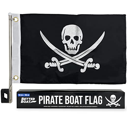 Pirate Flag Boat Pole Kit 12 x 18 Jolly Roger Flag Set Double-Sided Marine Grade Black Mini Holder Pontoon Accessories Burgee Included