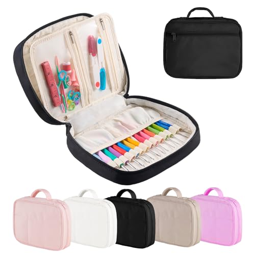 Crochet Hook Case Lightweight Crochet Hook Organizer with Clear Zipper Pockets Crochet Hook Holder for Knitting Needle Storage Gift for Women and Crochet Enthusiasts (Black)