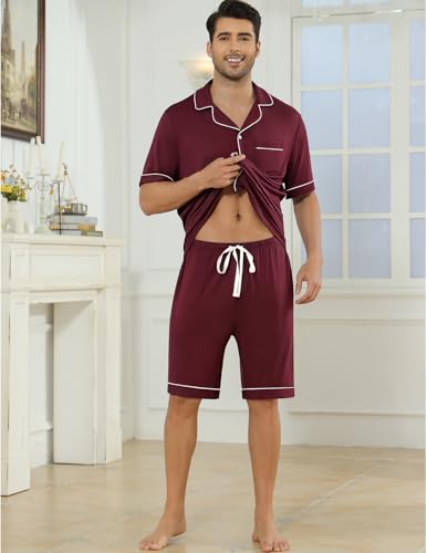 Image of Veseacky Men's Button Down Pajama Set Short Sleeve Shorts Modal Soft Sleepwear Loungewear Pjs with Pockets S-XXL