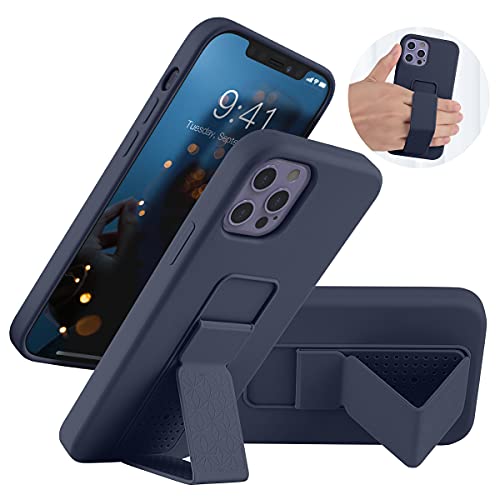 LAUDTEC Silicone Kickstand Case Compatible with iPhone 12/12 Pro Vertical and Horizontal Stand Hand Strap Metal Kickstand Cover Flexible Soft Liquid Silicone Stand Case for iPhone 12/12 Pro (Blue)