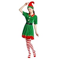 JESOHO Elf Dress for Women Costume,Holiday Hat, Red Striped Stockings, Rubber Band Belt 4-Piece Set (Size：S)