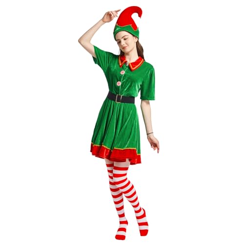JESOHO Elf Dress for Women Costume,Holiday Hat, Red Striped Stockings, Rubber Band Belt 4-Piece Set (Size：S)
