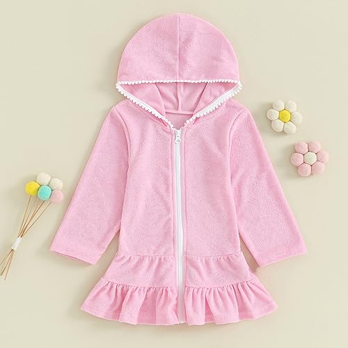 Hoanselay Kids Toddler Little Girl Swim Cover Up Towel Terry Swimsuit Wraps Zip Up Bathing Suit Robe Pool Beach Coverup2