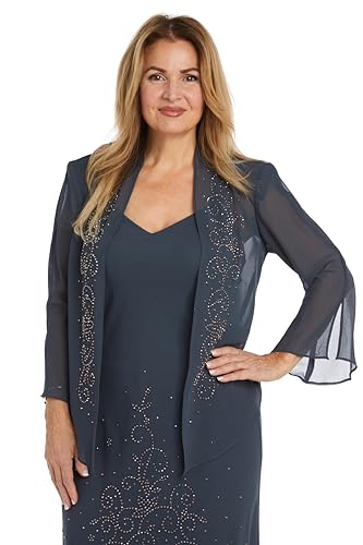Image of Elegant Beaded Pebble Georgette Mid-Calf Slip Dress W /Matching 3 /4 Sleeve Jacket - Two-Piece Set for Formal Events