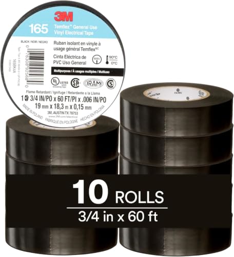Image of 3M Temflex Multi-Purpose Vinyl Electrical Tape 165, Black, 3 /4 in x 60 ft (19 mm x 18 m), 10 Roll (Pack of 10)