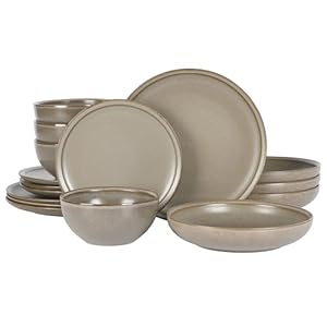 Gibson Elite Beckett Stoneware Matte Reactive Glaze 16 Piece (Service for 4) Plates and Bowls Dinnerware Set – Grey