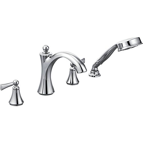 Grifería para bañera con desviador de dos manijas Moen Wynford modelo T654, incluye ducha manual, acabado cromado miniatura 1