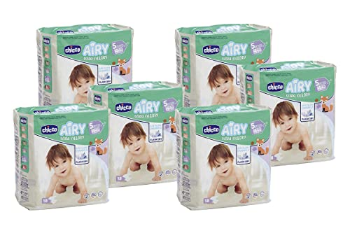Chicco Airy Junior Ultra Fit & Dry Pañales para bebé Talla 5, paquete de 108 pañales para niños de 11 a 25 kg, anatómicos y transpirables, cierre elástico antipérdida, 18 x 6