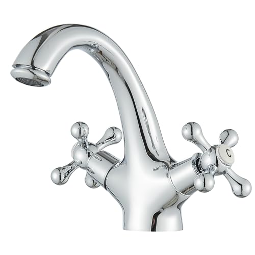 Saeuwtowy Grifo Mezclador con dos Mandos en Cruz para Lavabo Estilo Victoriano Tradicional Grifo de Lavabo vintage Cromado