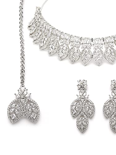 Karatcart Silver Tone Leaf Shape American Diamond Studded Necklace Set for Women - Image 6