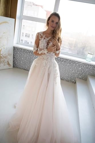 Boho Beach A-Line Long Sleeve Wedding Dresses For Bride Tulle Bridal Dresses For Women With Train Sexy White Us16 #TOP18