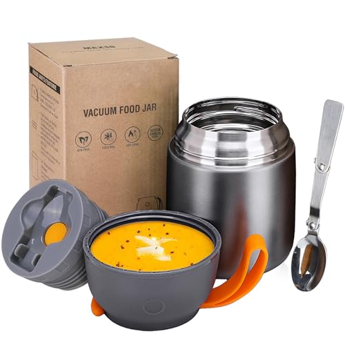 Image of Insulated Thermo Food Jar for Hot & Cold Food for Kids Adult, 17 oz Soup Thermal Hot Food Containers for Lunch, Triple Layer Insulation Stainless Steel Food Jar with Spoon (Grey)
