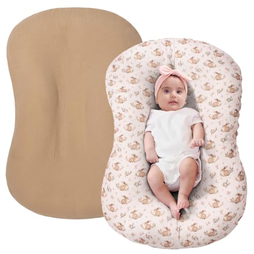 Image of FUNUPUP Muslin Baby Lounger Cover Only, Camel, Rabbit | 100% Muslin Cotton Soft Breathable Easy On /Off Envelope Closure Machine Washable Easy-Clean Protector Neutral Colors