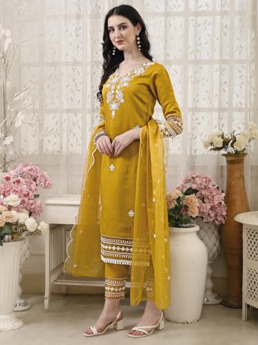 Image of NIVANA Womens Pakistani Style Embroidered Kurta with Pant & Embroidered Dupatta | Chanderi Straight Kurta Set with V-Neck & 3 /4 Sleeves | Ethnic Wear for Festive & Casual Occasions