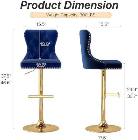 GOOLON Bar Stools Set of 2, Velvet Swivel Counter Height Stools with Tufted Back, Adjustable Seat with Nailheads Trim, Upholstered Bar Chairs with Gold Base for Kitchen Island, Pub, Blue - 2