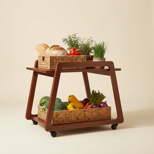Image of Multipurpose Wood Trolley Storage Organiser and Kitchen Supplies Fruits, Vegetables, Onions, Cutlery, and a Trapezoid-Shaped Kitchen Storage Rack with 2 Layers Walnut Color