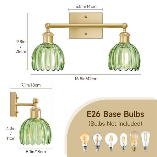 Image of Bathroom Lights Over Mirror,2-Light Vintage Vanity Light Fixtures,Retro Brass Bathroom Light, Flower Wall Sconce With Green Tulip Glass Shade For Bedroom, Living Room, Dressing Table, E26 Base