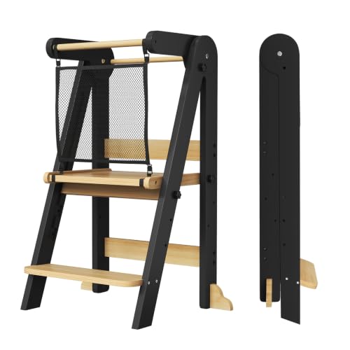 Image of ROOMTEC Foldable Toddler Kitchen Tower, 3 Adjustable Height Wooden Step Stool, Toddler Standing Tower with Safety Net (Black)