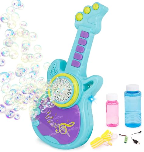 Image of Rechargeable Bubble Guitar Toy for Kids | Electric Automatic Bubble Machine Musical Guitar with Lights | USB Rechargeable Bubble Blower with Bubble Solution | Outdoor Summer Toy Gift for Kids