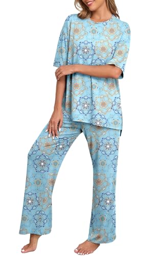 Image of PrinStory Womens Pajamas Sets 2 Piece Lounge Set Short Sleeve Tops and Long Pants Soft Pjs Loungewear with Pockets