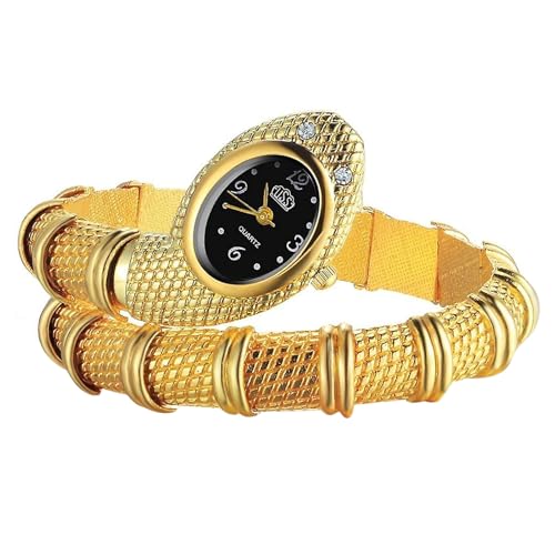 JewelryWe Reloj Analógico Serpiente Mujer: Reloj de Pulsera de Cuarzo Oval para Señora Correa de Aleación Flexible Escala de Números Arábigos Oro - para Ocio Negocios Regalos