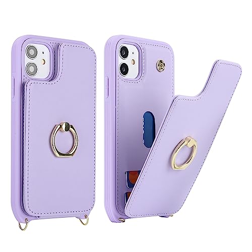 Image of for iPhone 11 Phone Case with Card Holder and Strap for Women,Crossbody Lanyard,RFID Blocking,Kickstand Ring Stand,Snap Clasp,Phone Wallet Cases 6.1 inch(Purple)
