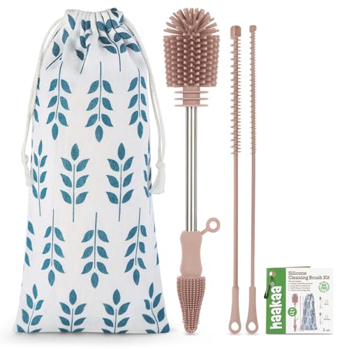 Image of Haakaa Silicone Cleaning Brush, Baby Bottle Brush, Bottle Brush Cleaner Set, Reusable Cleaning Brush for Haakaa Pump, Milk Storage Bags, Straws. All-Round Cleaning, Sturdy Bristles. Pink.