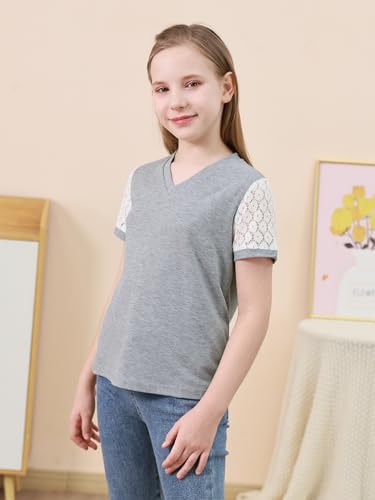 Image of GORLYA Girls Lace Sheer Sleeve Contrast T-Shirt Short Sleeve V Neck Casual Modest Tee Tops for 6-16Y