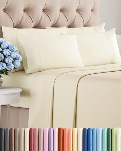 Queen 6 Piece Sheet Set - Comfy Breathable & Cooling - Ultra-Soft Hotel Luxury Bedding Set with 8-16 Inch Deep Pockets - 1 Flat & 1 Fitted Sheet & 4 Pillowcases - Wrinkle Free & Easy Care - Off White