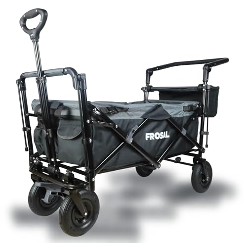 FROSAL Faltbarer Bollerwagen Loki schwarz/grau mit Luftreifen | Lufträder für Strand Gummireifen | Anschnallgurte für Kinder – Bild 5