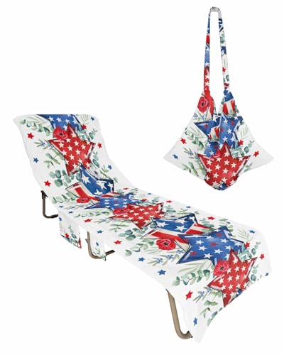 Stars Eucalyptus Beach Chair Towel Covers for Chaise Lounge with Side Pocket, Soft Plush Pool Towels Cover for Patio Sunbathing Outdoor Patriotic 4th of July American Flag 29''x85''
