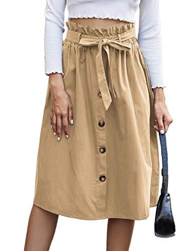 Naggoo Womens Casual Button Front A Line Skirts Belted High Waist Midi Skirt with Pockets Khaki X-Large
