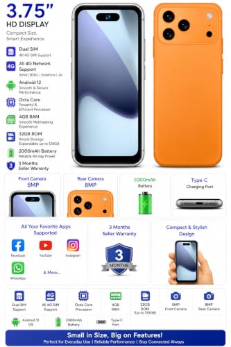 Image of SIVANTAGE PRO Mini 4G Smartphone, 4GB RAM 32GB Storage, Android 12, 3.75 Inch Display, Dual SIM, 5MP Selfie Camera, 8MP Rear Camera, 2000mAh Battery, Type-C Charging, 4G Volte