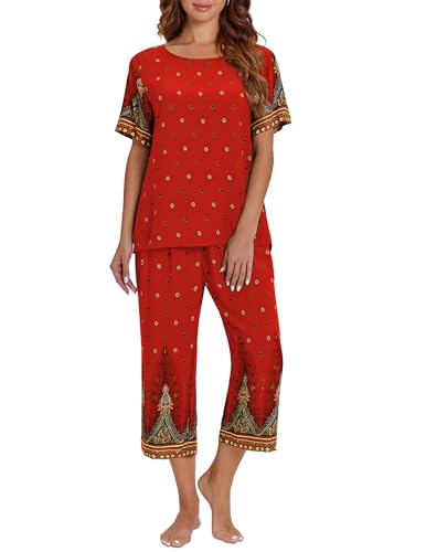 Image of Ekouaer Women's Two Piece Lounge Set Short Sleeve Shirt and Capri Pants Mumu Pajama with Pockets Loungewear Pjs Sets S-2XL