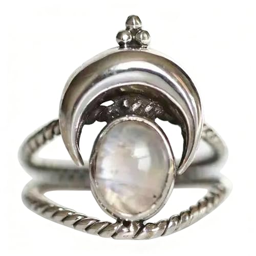 DOCCESTU 925 Sterling Silver Women’s Ring - Retro Bohemian Style with Moon & Moonstone Design, Fashion Party Jewelry, Ideal for Engagement, Wedding & Anniversary​​​​​ Size 8