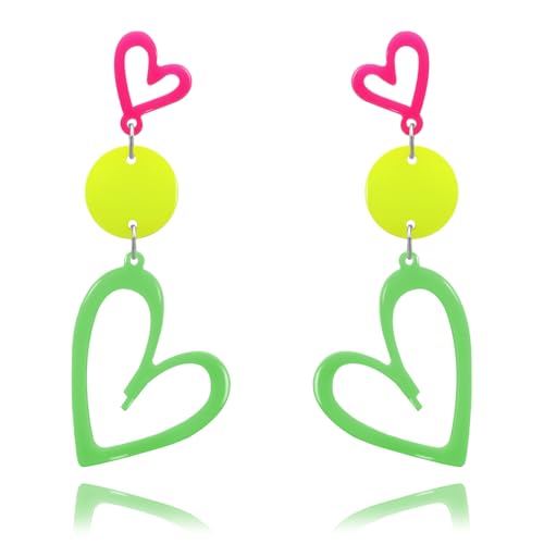 RechicGu 80s 90s Neon Heart Hoop Earrings for Glow Party, 70s Retro Outfit Jewelry Accessories Gift for Women,Acrylic Round Drop Dangle Earring for Halloween Costume Rose Red Green Yellow