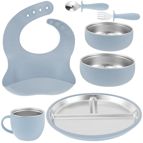 Opiniones de Venta de vajillas los mejores 5. 46 7 piezas Vajillas Platos para Bebe Silicona, Alimentacion Complementaria Niños, Plato para Bebe con Ventosas, con tenedor cuchara tazón para Microondas