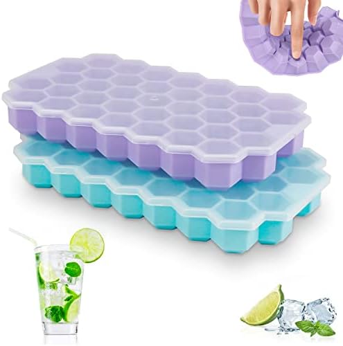 Upgrade Ice Cube Trays, 2 Pack Silicone Flexible Ice Cube Trays with Lid, 76 Cubes Ice Trays for Chilled Drinks, Whiskey & Cocktails , Stackable Flexible Safe Ice Cube Trays
