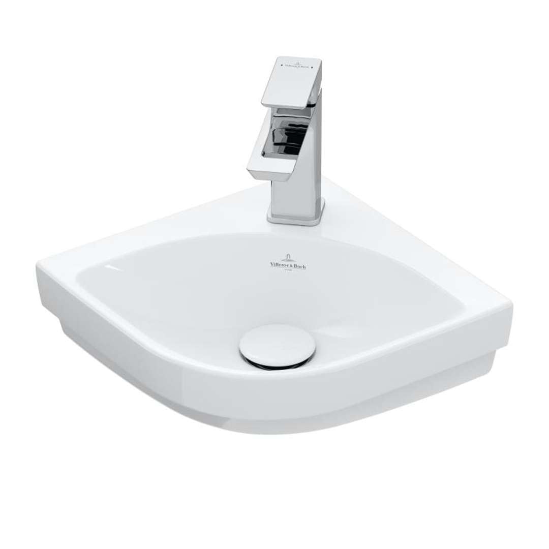 Villeroy & Boch Subway 3.0 lavabo esquinero con enjuague manual, 320 x 320 mm, 1 agujero para grifo, sin rebosadero, sin suelo, 437146, Color: Cerámica Blanca
