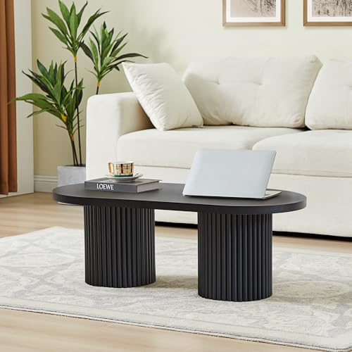 Image of Small Fluted Coffee Table, Farmhouse Oval Wood Coffee Table,Black