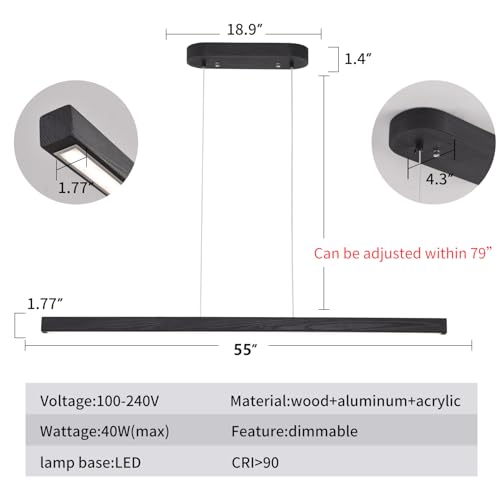 Image of 55 Inch LED Linear Pendant Light Black Wood LED Kitchen Island Lighting Dimmable Ceiling Hanging Chandeliers for Dining Room Living Room Bar Pool Table 36W Modern Farmhouse Fixture Black Wood Finish