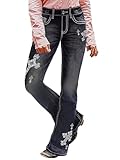 Flamingals Women's Floral Embroidery Mid Waist High Stretch Bootcut Jeans with Pockets Dark Black Wash XL
