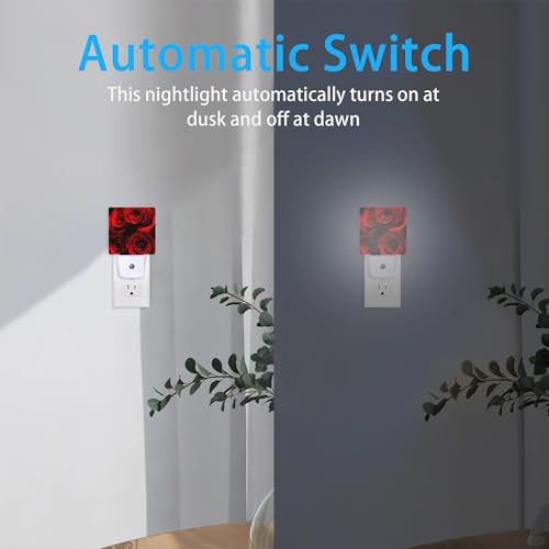 Image of Rose Night Lights Plug into Wall Abstract Red Rose and Black Leaves Night Lights Dusk to Dawn Sensor Led Lamp for Women Men,Led Lights for Stairway /Hallway /Bedroom,0.5W